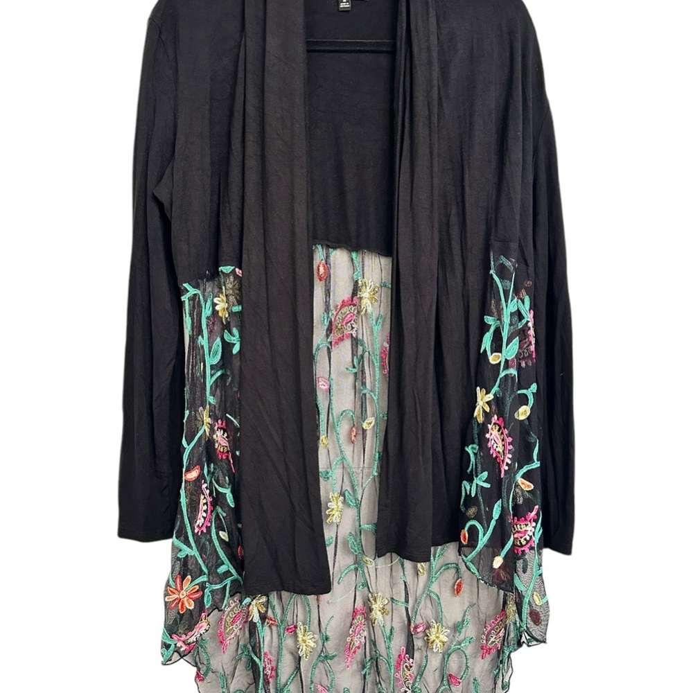 Floral Embroidered Black Draped Cardigan Sweater